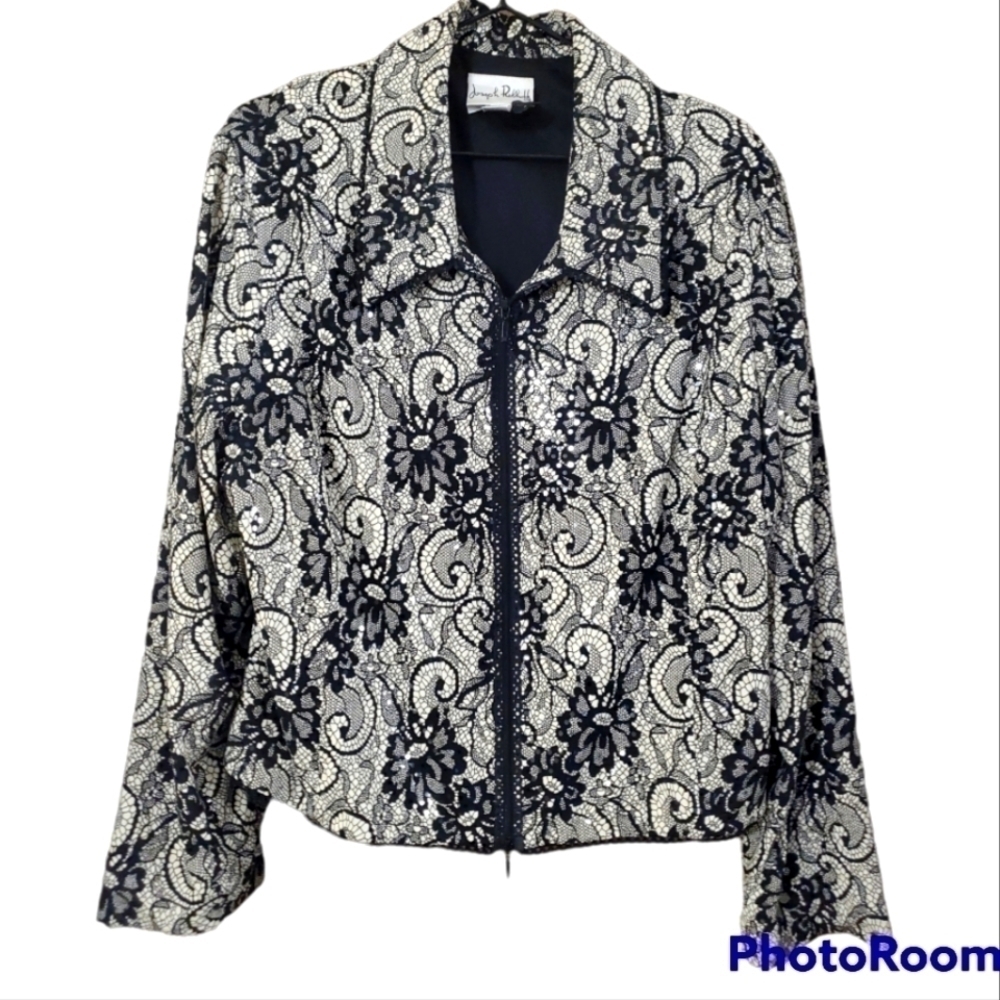 Joseph Ribkoff black cream floral paisley lace sequin zip front jacket*